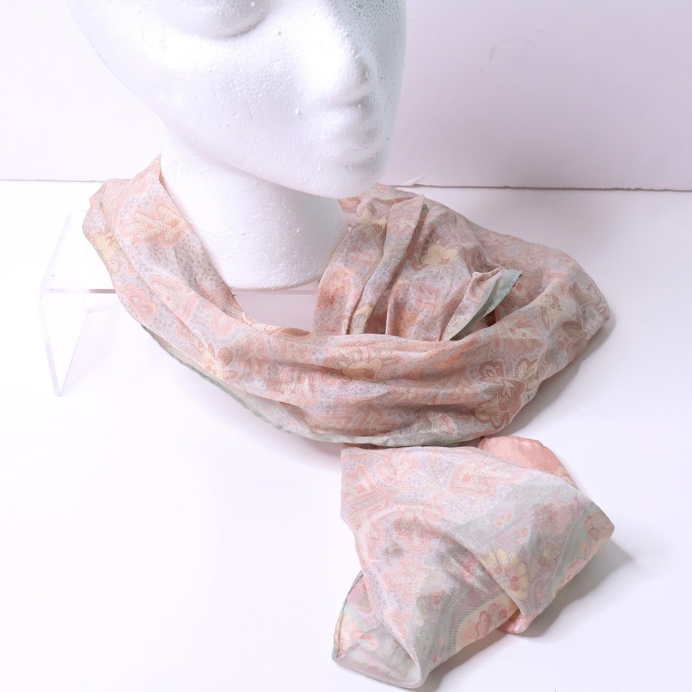 Vintage Pastel Paisley Sheer Lightweight Scarf Pink Sage Green Floral Boho Retro